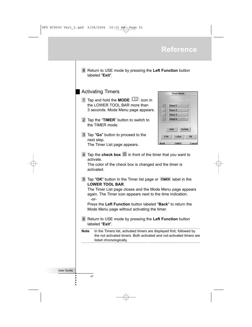 Reference, Activating timers | Marantz RC9500 User Manual | Page 51 / 78