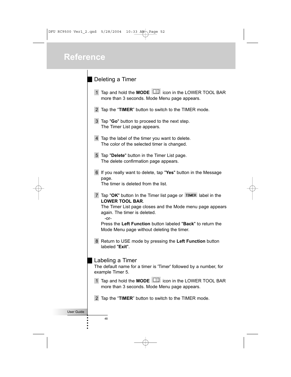 Reference, Deleting a timer, Labeling a timer | Marantz RC9500 User Manual | Page 52 / 78