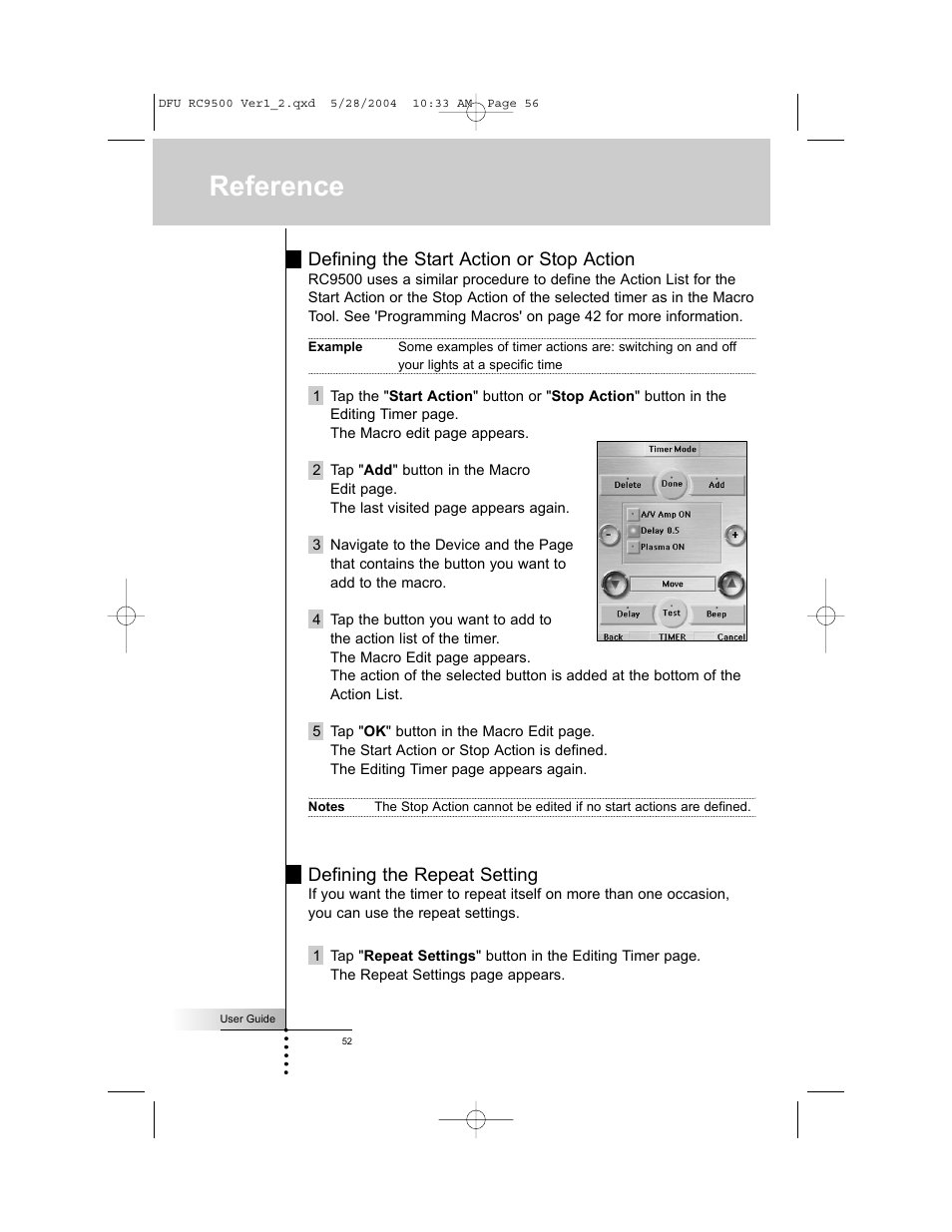 Reference, Defining the start action or stop action, Defining the repeat setting | Marantz RC9500 User Manual | Page 56 / 78