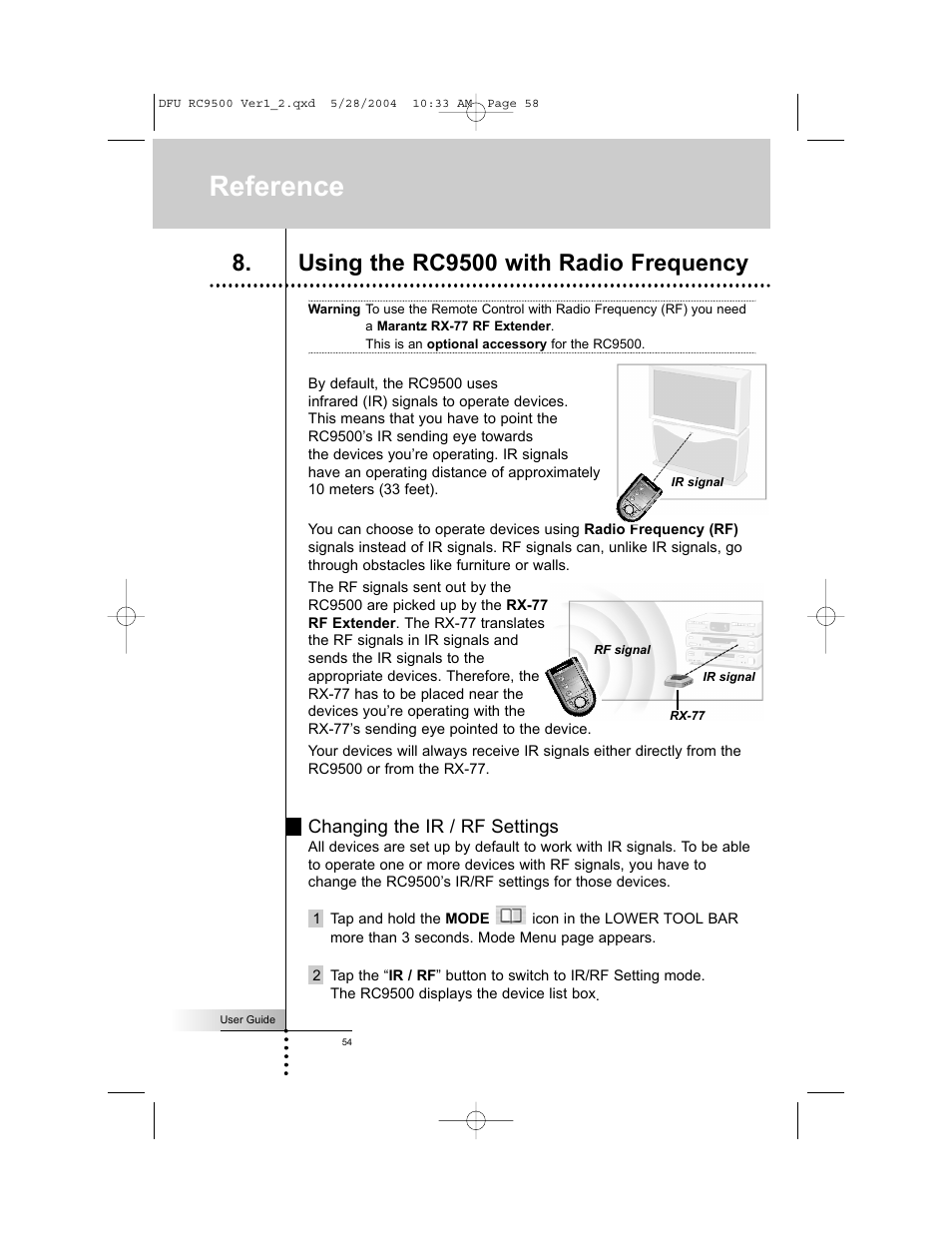 Reference, Using the rc9500 with radio frequency | Marantz RC9500 User Manual | Page 58 / 78