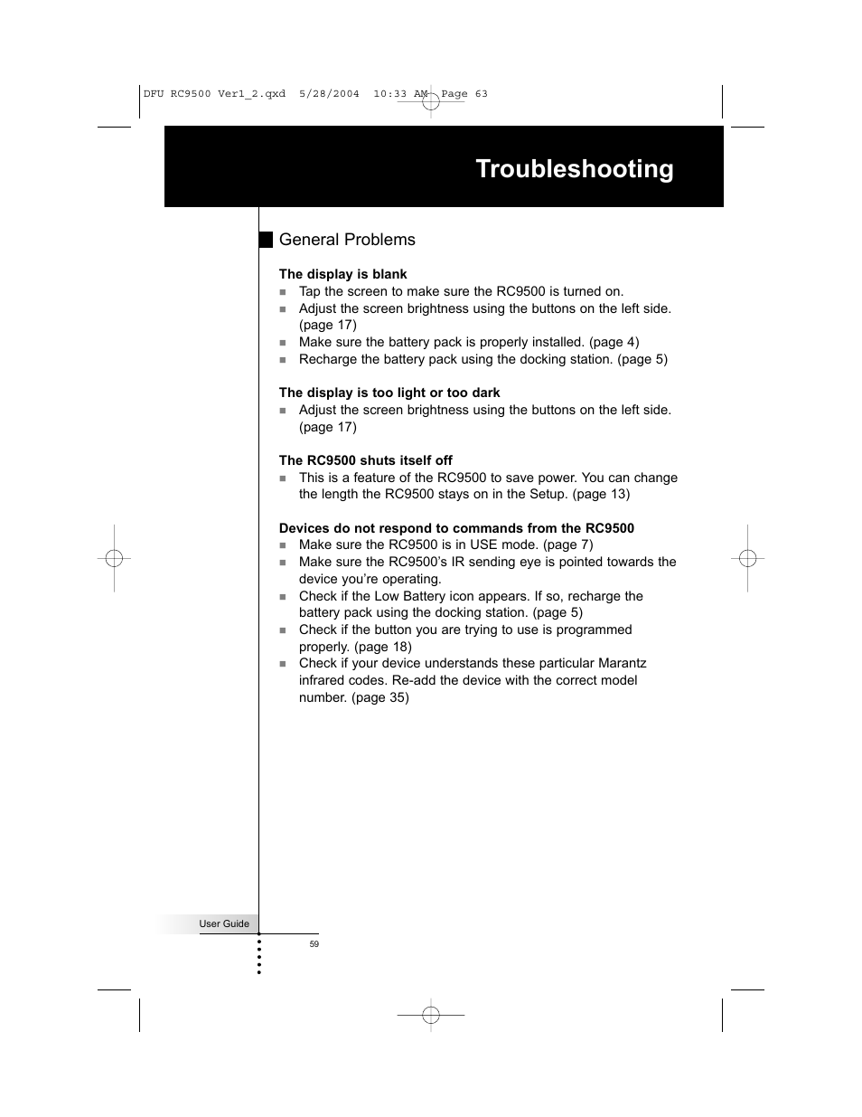 Troubleshooting, General problems | Marantz RC9500 User Manual | Page 63 / 78