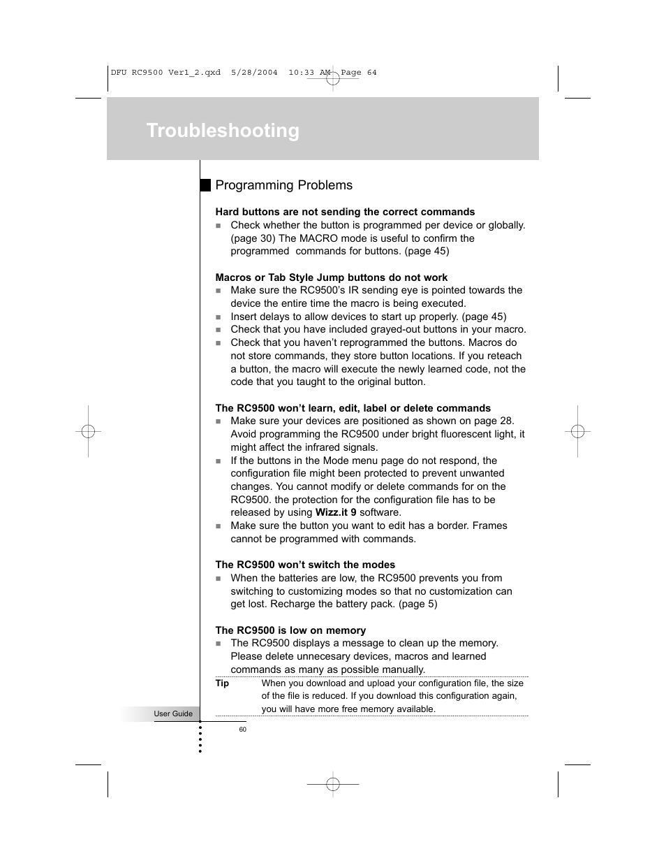 Troubleshooting, Programming problems | Marantz RC9500 User Manual | Page 64 / 78