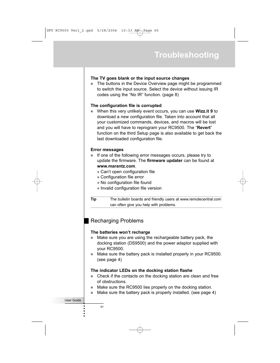 Troubleshooting, Recharging problems | Marantz RC9500 User Manual | Page 65 / 78