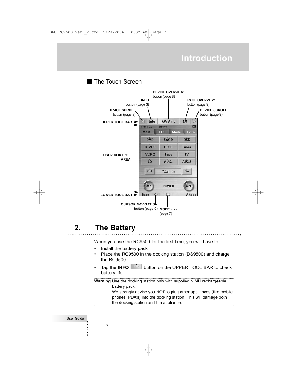 Introduction, The battery, The touch screen | Marantz RC9500 User Manual | Page 7 / 78