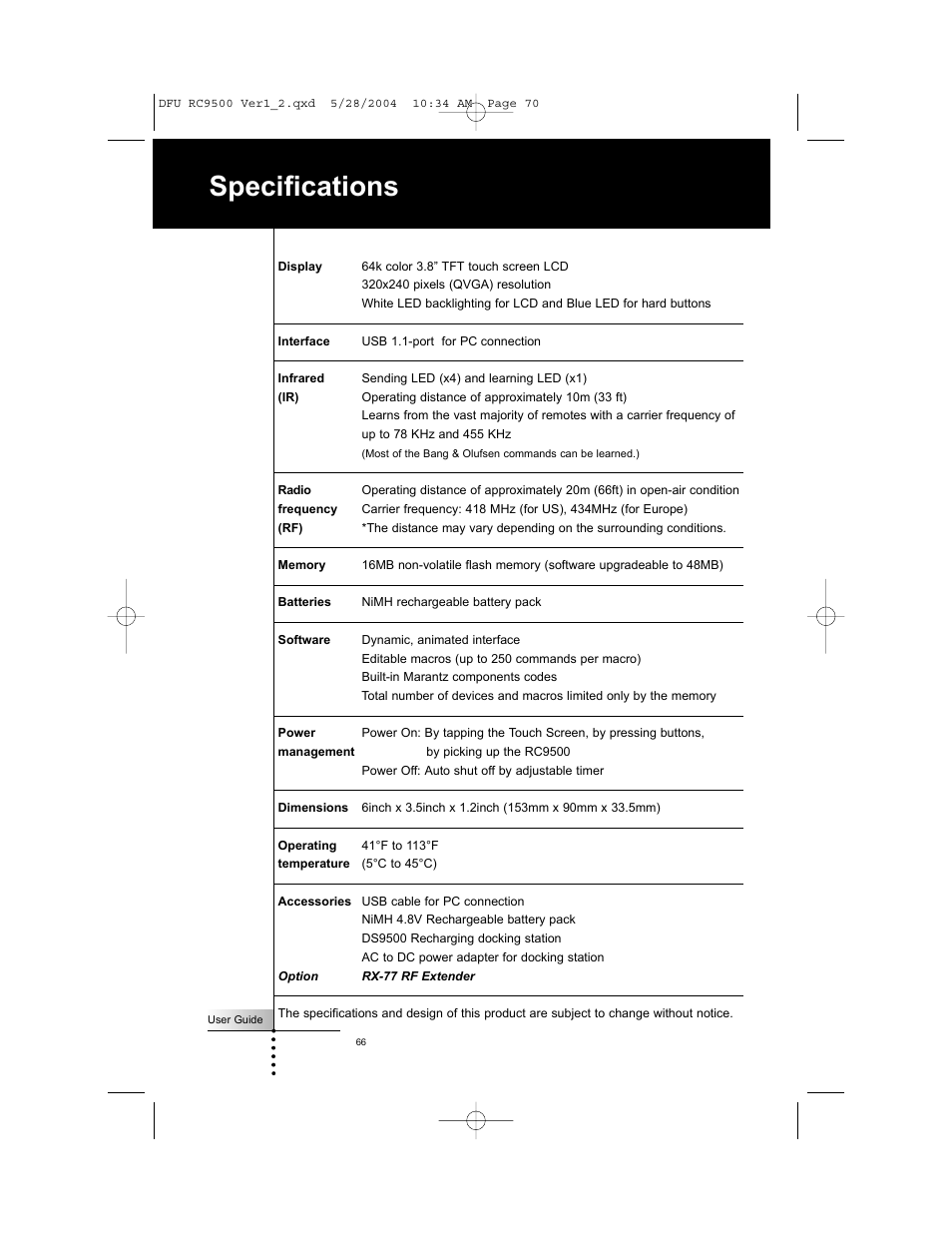 Specifications | Marantz RC9500 User Manual | Page 70 / 78