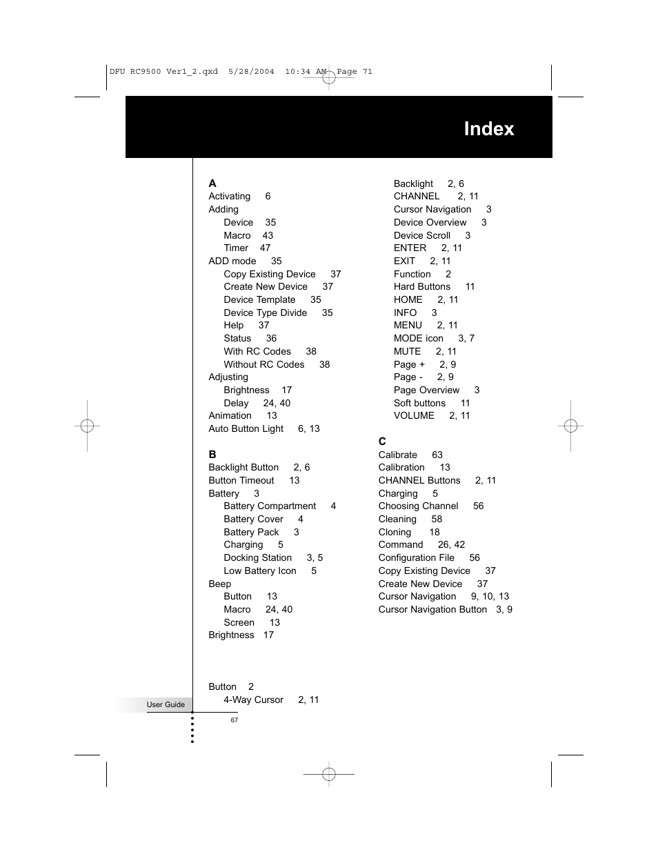 Index | Marantz RC9500 User Manual | Page 71 / 78