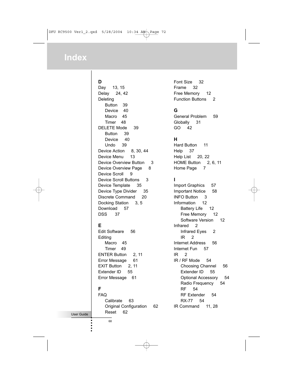 Index | Marantz RC9500 User Manual | Page 72 / 78