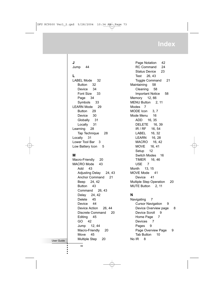 Index | Marantz RC9500 User Manual | Page 73 / 78