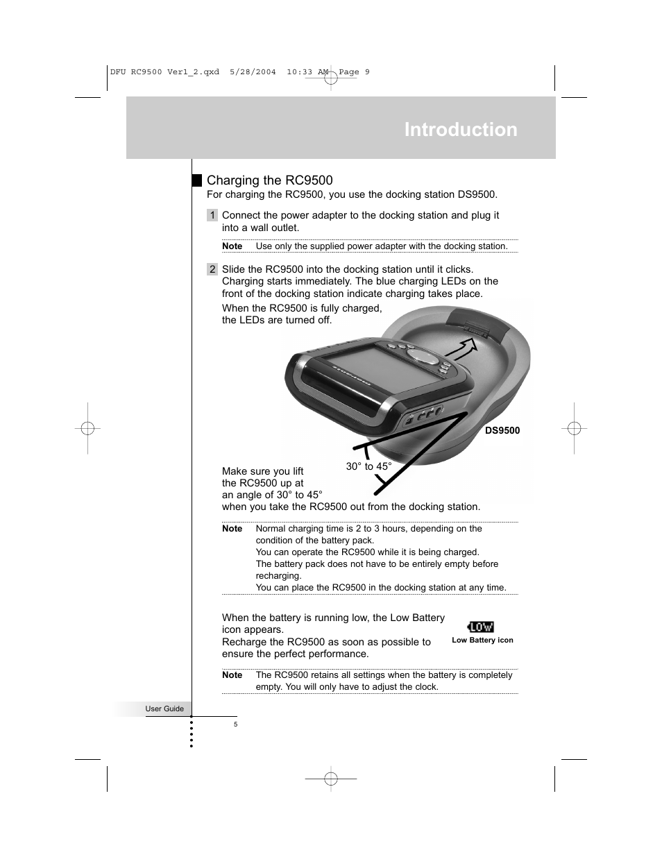 Introduction, Charging the rc9500 | Marantz RC9500 User Manual | Page 9 / 78