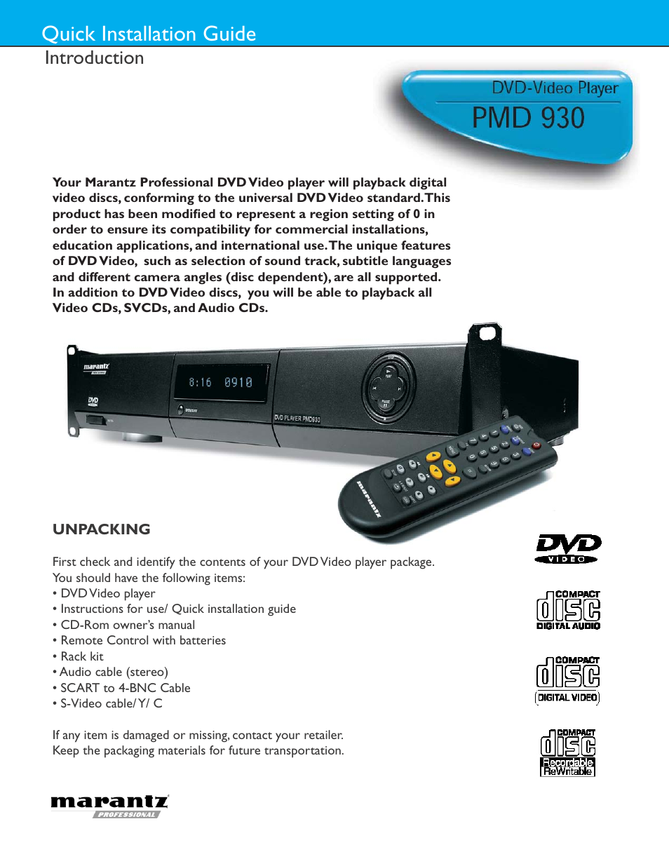 Marantz PMD930 User Manual | 4 pages
