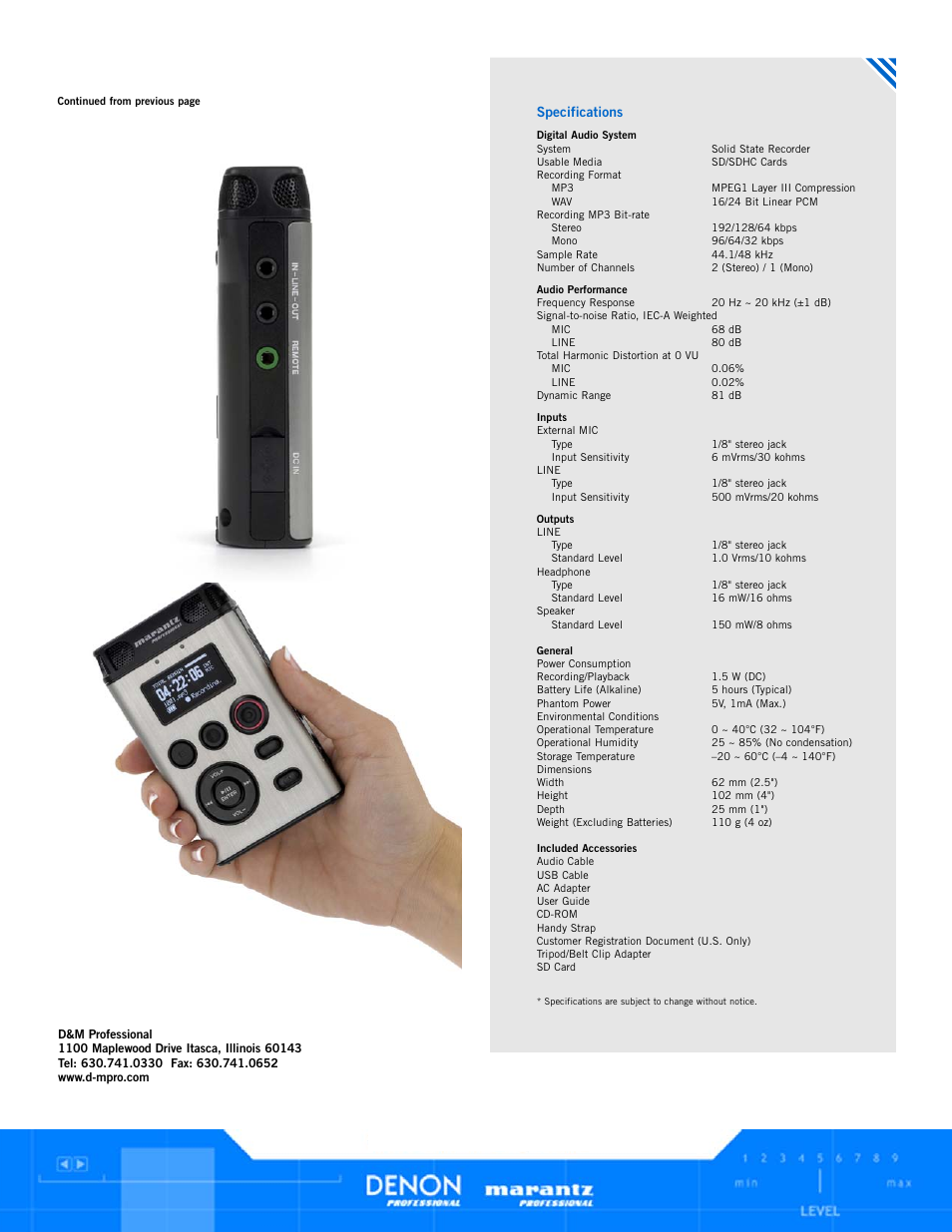 Pmd620, Specifications | Marantz PMD620 User Manual | Page 2 / 2