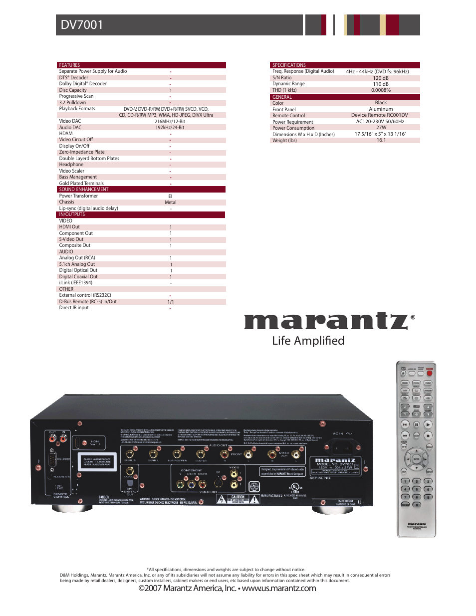 Dv7001-p2, Dv7001, Life amplified | Marantz DV7001 User Manual | Page 2 / 2