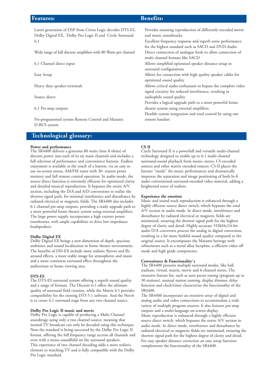 Technological glossary, Benefits: features | Marantz SR4400 User Manual | Page 2 / 4