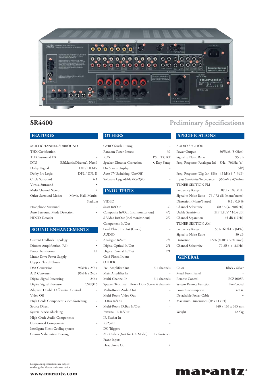 Sr4400, Preliminary specifications, Features | Sound enhancements, Others, In/outputs, Specifications, General | Marantz SR4400 User Manual | Page 4 / 4
