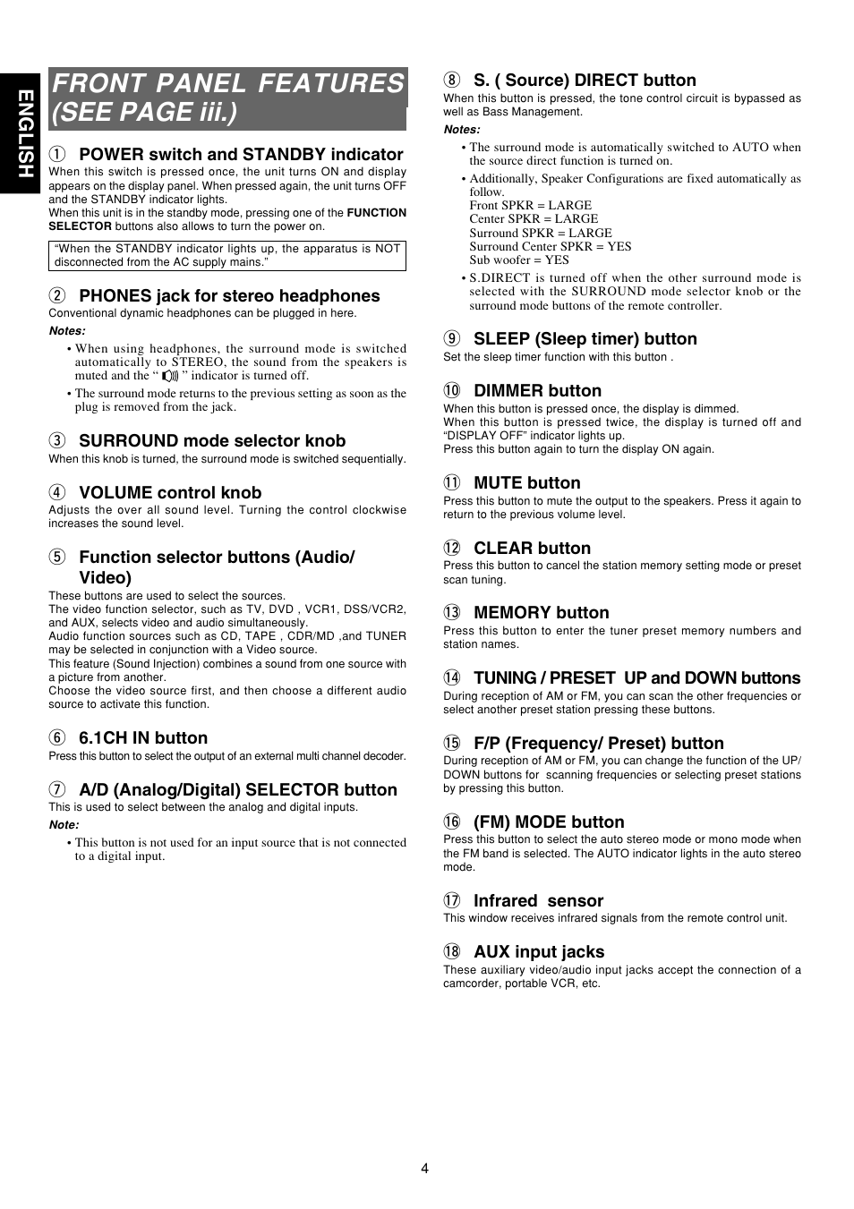 Front panel features (see page iii.), English, Q power switch and standby indicator | W phones jack for stereo headphones, E surround mode selector knob, R volume control knob, T function selector buttons (audio/ video), Y 6.1ch in button, U a/d (analog/digital) selector button, I s. ( source) direct button | Marantz SR5300 User Manual | Page 10 / 40