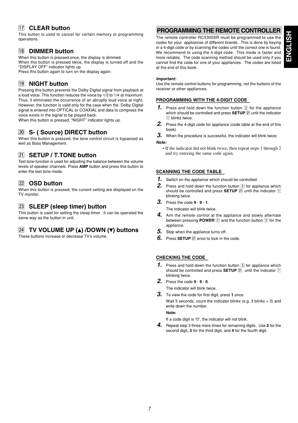 English, 7 clear button, 8 dimmer button | 9 night button, 0 s- ( source) direct button, 1 setup / t.tone button, 2 osd button, 3 sleep (sleep timer) button, 4 tv volume up ( ) /down ( ) buttons, Programming the remote controller | Marantz SR5300 User Manual | Page 13 / 40