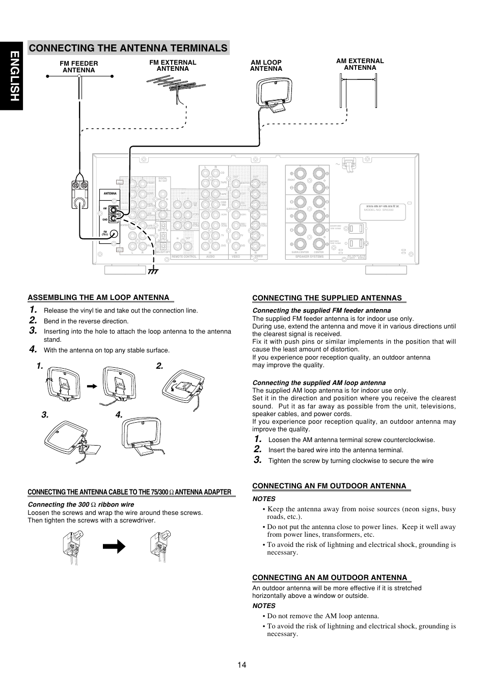 English, Connecting the antenna terminals, Assembling the am loop antenna | Connecting the supplied antennas, Connecting an fm outdoor antenna, Connecting the 300, Ribbon wire, Connecting the supplied fm feeder antenna, Connecting the supplied am loop antenna, Bend in the reverse direction | Marantz SR5300 User Manual | Page 20 / 40