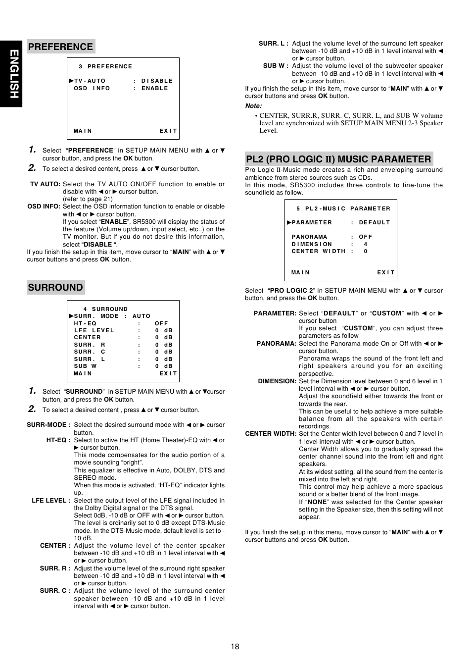 English, Preference 1, Surround 1 | Pl2 (pro logic ii) music parameter | Marantz SR5300 User Manual | Page 24 / 40