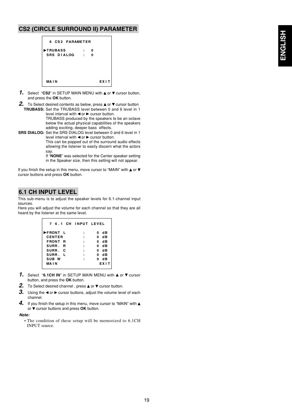 English, Cs2 (circle surround ii) parameter 1, 1 ch input level | Marantz SR5300 User Manual | Page 25 / 40