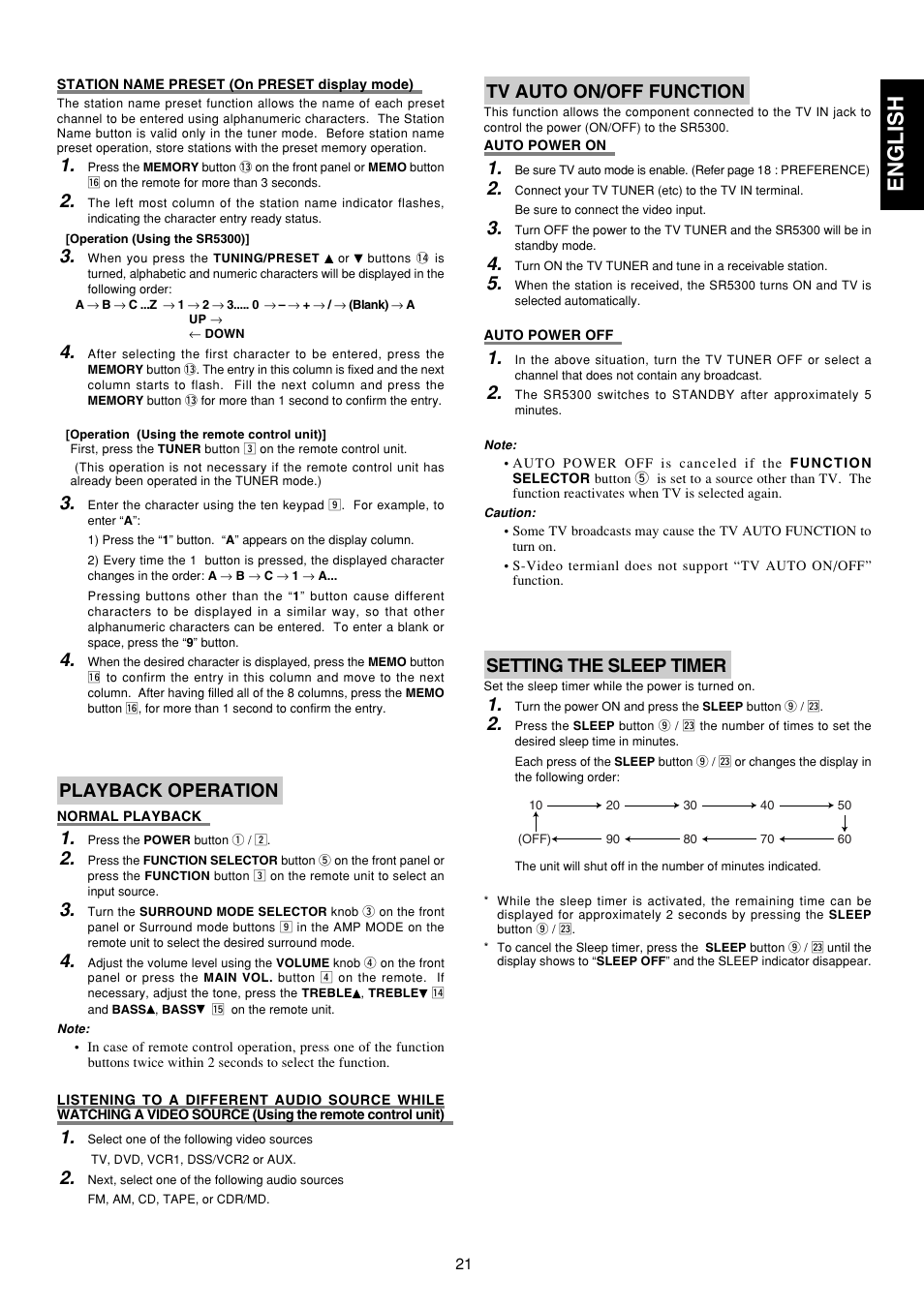 English, Playback operation, Tv auto on/off function | Setting the sleep timer | Marantz SR5300 User Manual | Page 27 / 40