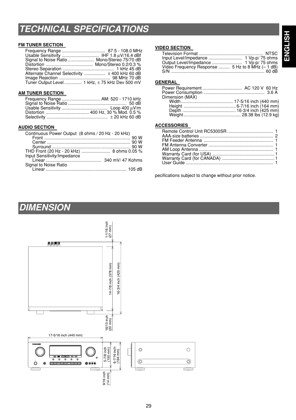 Technical specifications, Dimension, English | Marantz SR5300 User Manual | Page 35 / 40