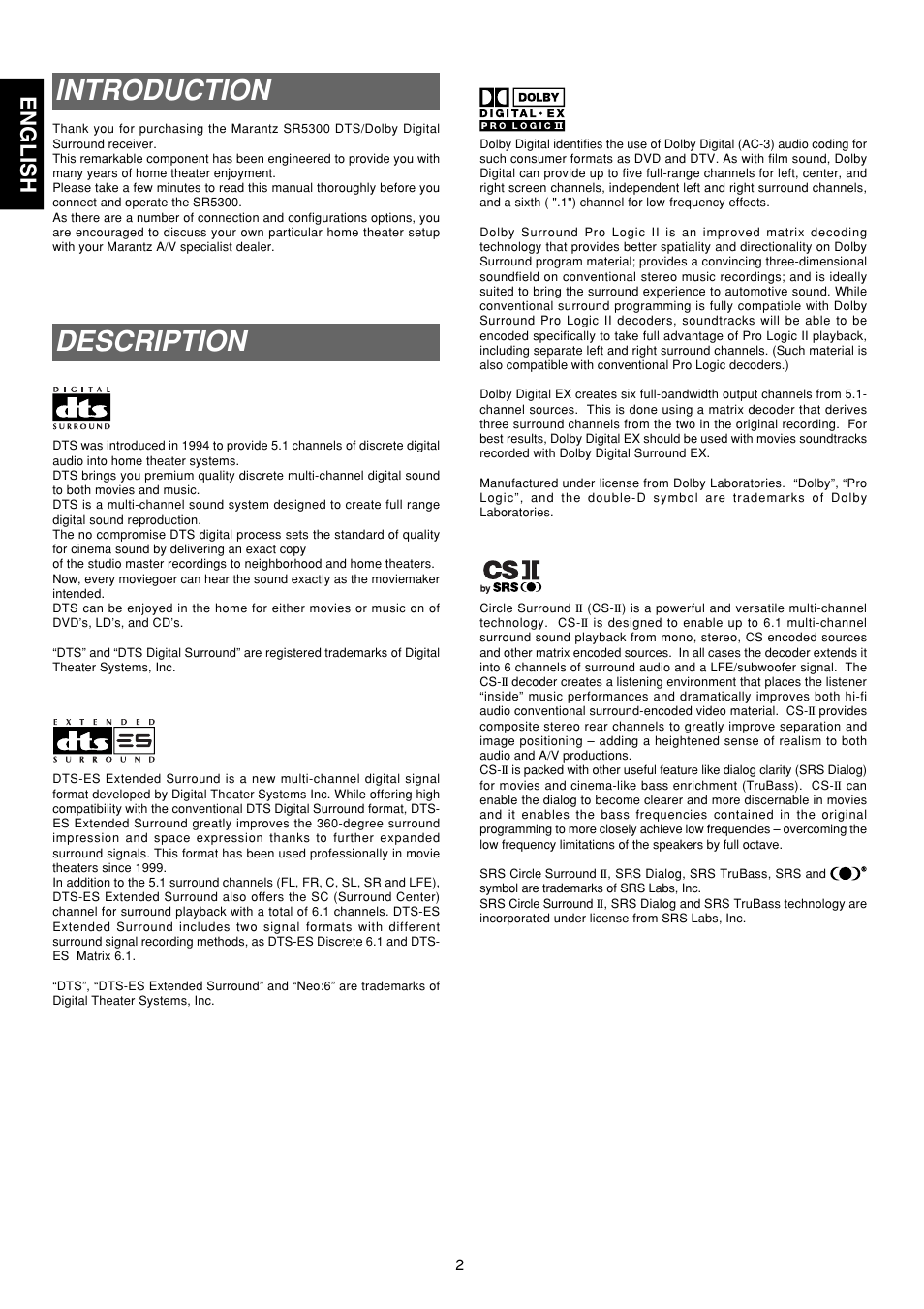 Introduction, Description, English | Marantz SR5300 User Manual | Page 8 / 40