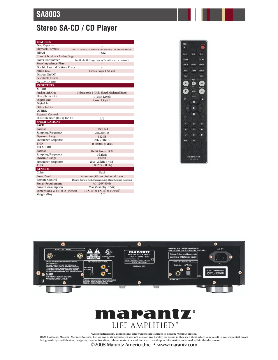 Sa8003 stereo sa-cd / cd player, Life amplified | Marantz SA8003 User Manual | Page 2 / 2