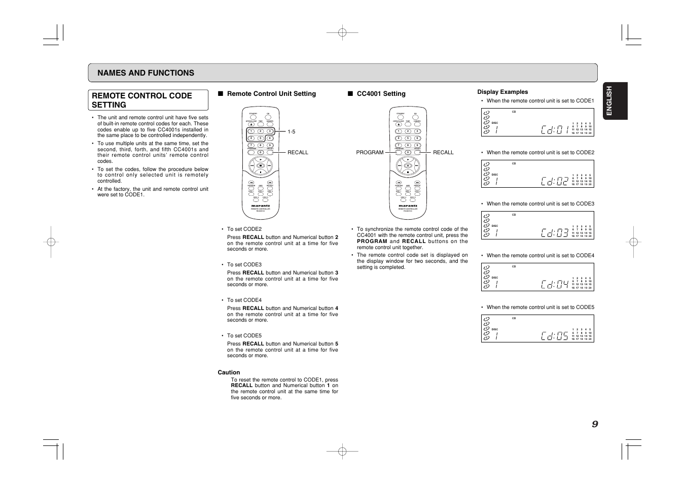 Names and functions remote control code setting, English, Remote control unit setting | Cc4001 setting, Caution, Display examples | Marantz CC4001 User Manual | Page 12 / 24