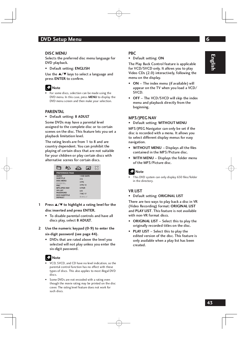 6dvd setup menu, English | Marantz DV4001 User Manual | Page 43 / 54