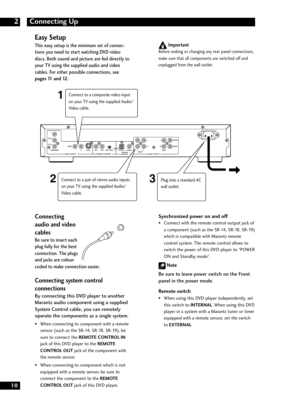 Connecting up 2, Easy setup, Connecting audio and video cables | Connecting system control connections, Synchronized power on and off, Important | Marantz DV8300 User Manual | Page 10 / 72