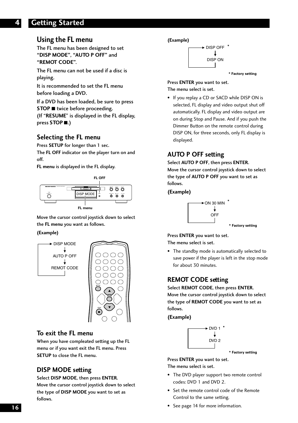 Getting started 4, Using the fl menu, Selecting the fl menu | Disp mode setting, Auto p off setting, Remot code setting | Marantz DV8300 User Manual | Page 16 / 72