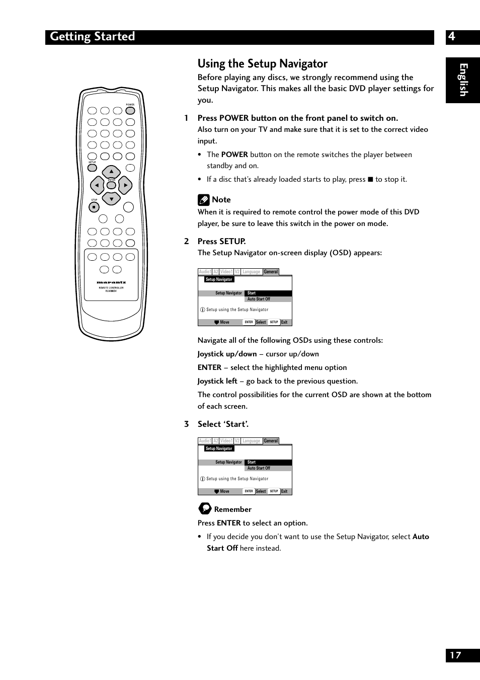 4getting started, Using the setup navigator, English | 2 press setup, 3 select ‘start | Marantz DV8300 User Manual | Page 17 / 72