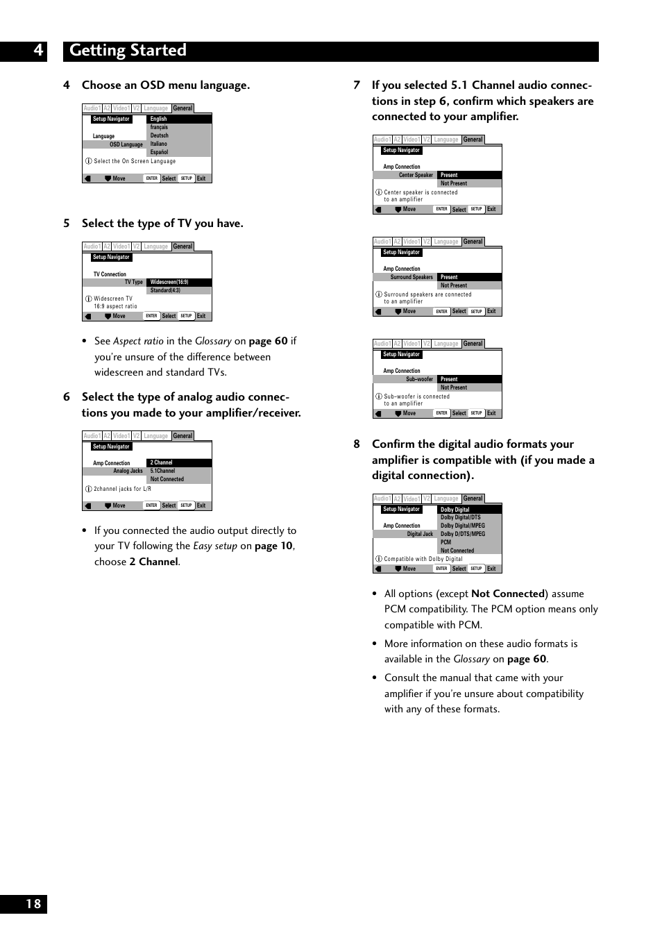 Getting started 4, 4 choose an osd menu language, 5 select the type of tv you have | Marantz DV8300 User Manual | Page 18 / 72
