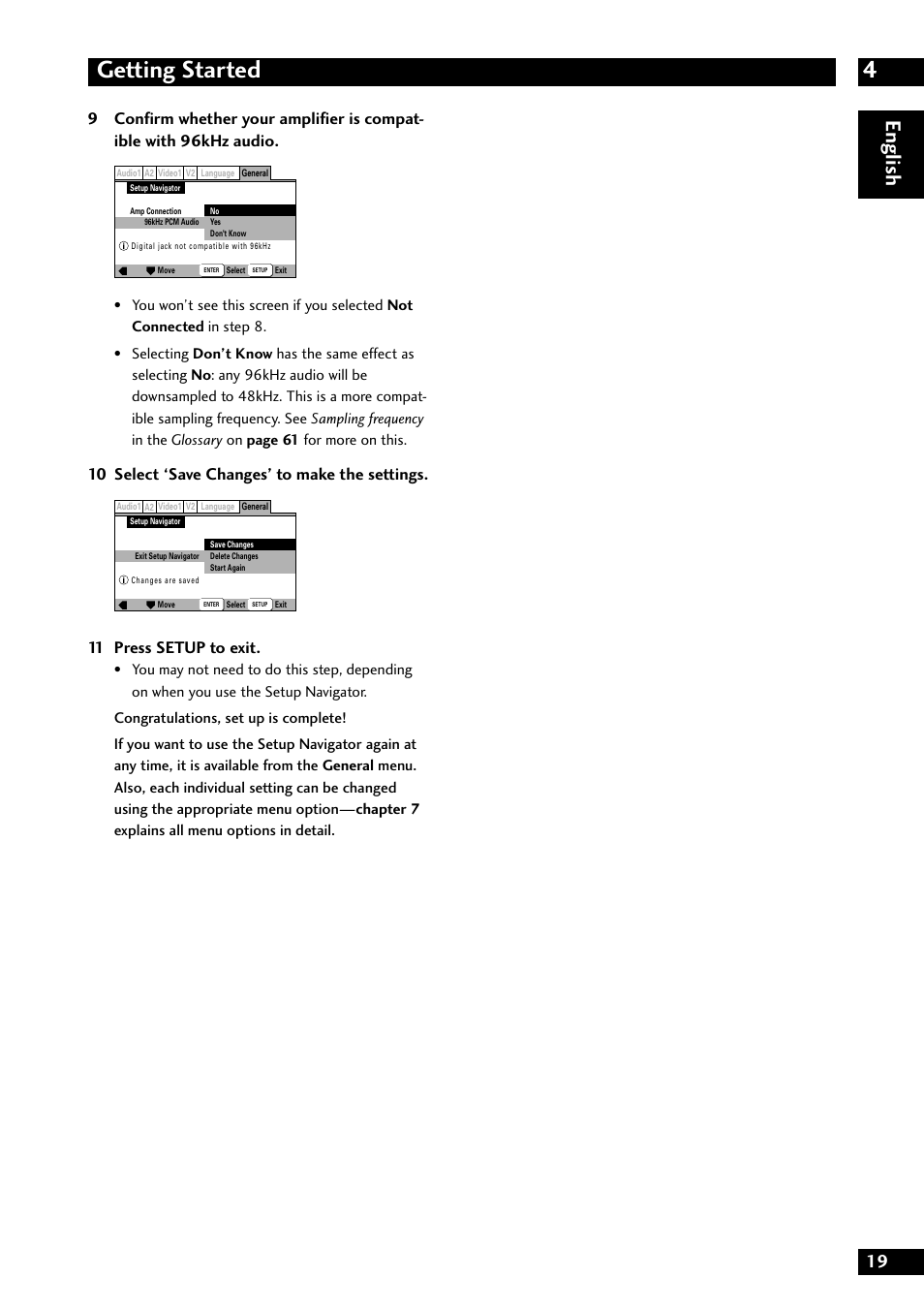 4getting started, English, 10 select ‘save changes’ to make the settings | 11 press setup to exit | Marantz DV8300 User Manual | Page 19 / 72