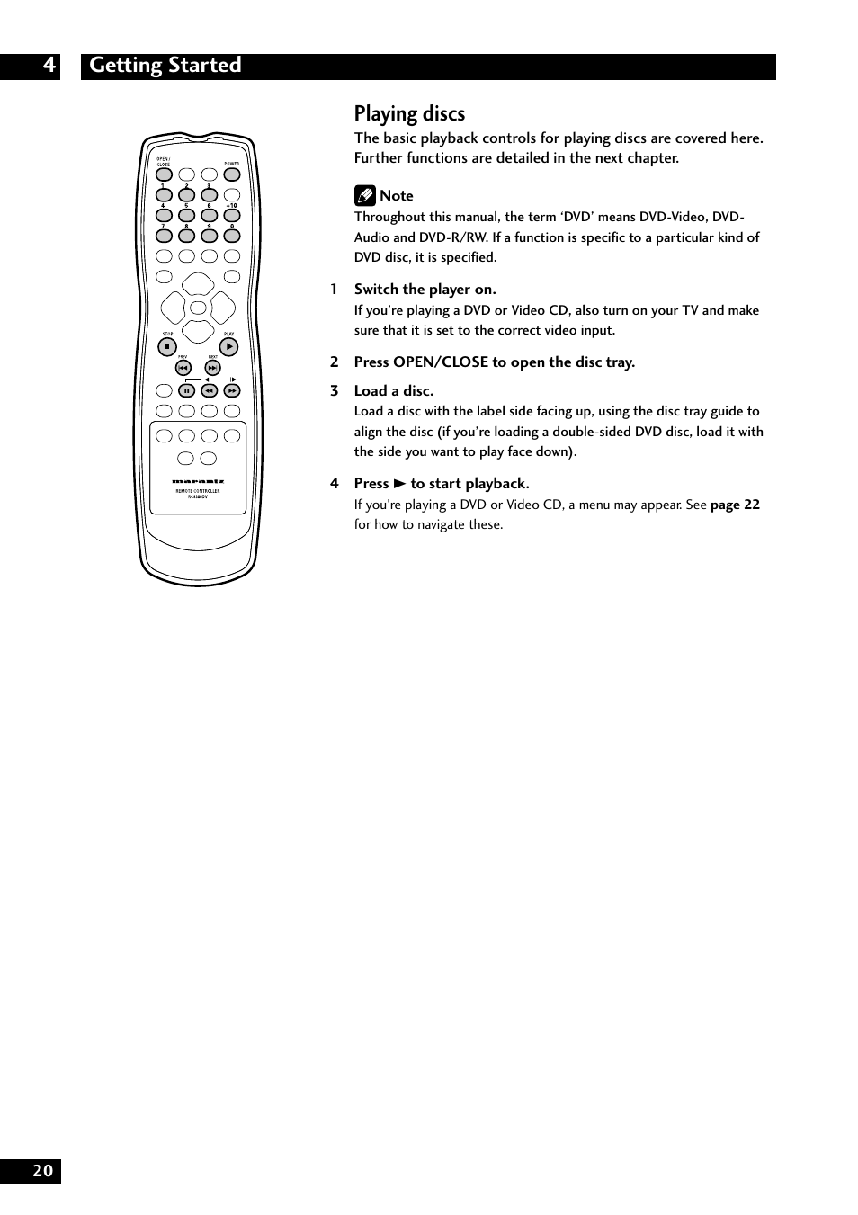 Getting started 4, Playing discs | Marantz DV8300 User Manual | Page 20 / 72
