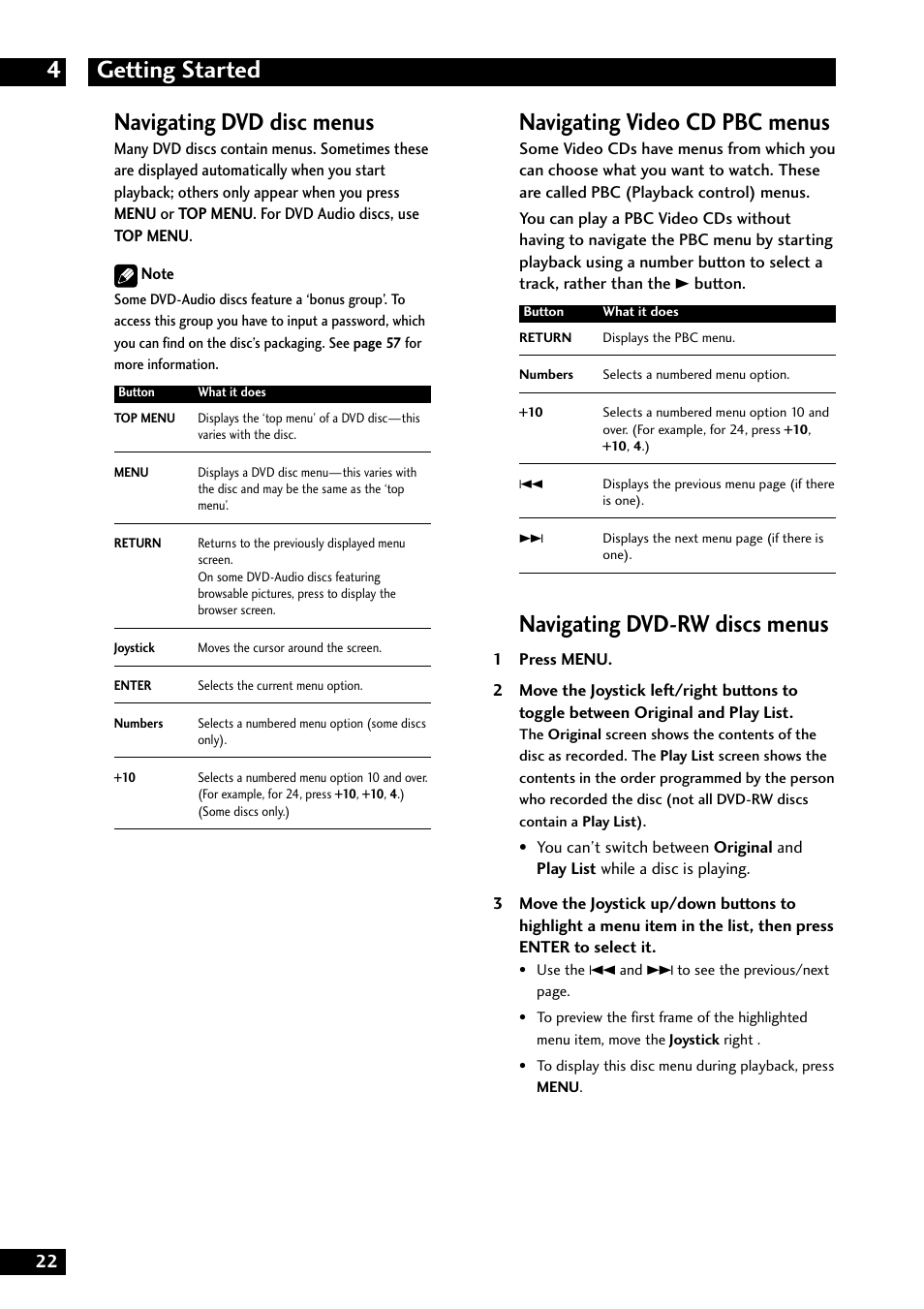 Getting started 4, Navigating dvd disc menus, Navigating video cd pbc menus | Navigating dvd-rw discs menus | Marantz DV8300 User Manual | Page 22 / 72