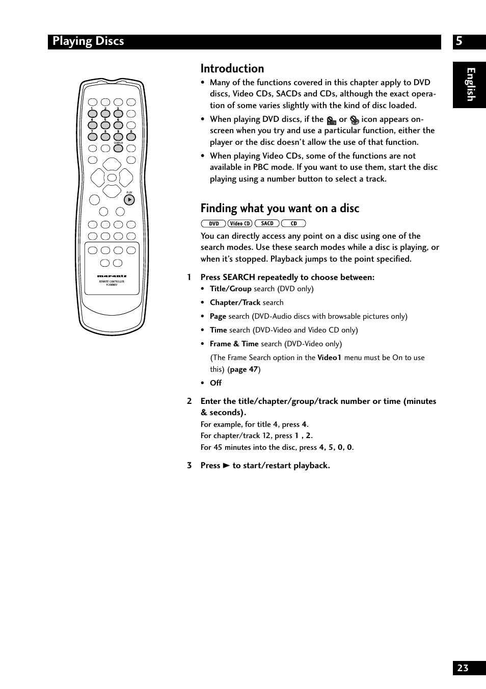 5playing discs, Introduction, Finding what you want on a disc | English | Marantz DV8300 User Manual | Page 23 / 72