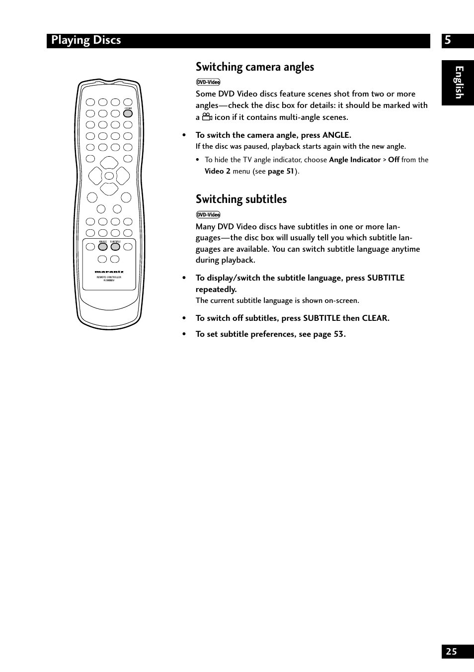 5playing discs, Switching camera angles, Switching subtitles | Marantz DV8300 User Manual | Page 25 / 72