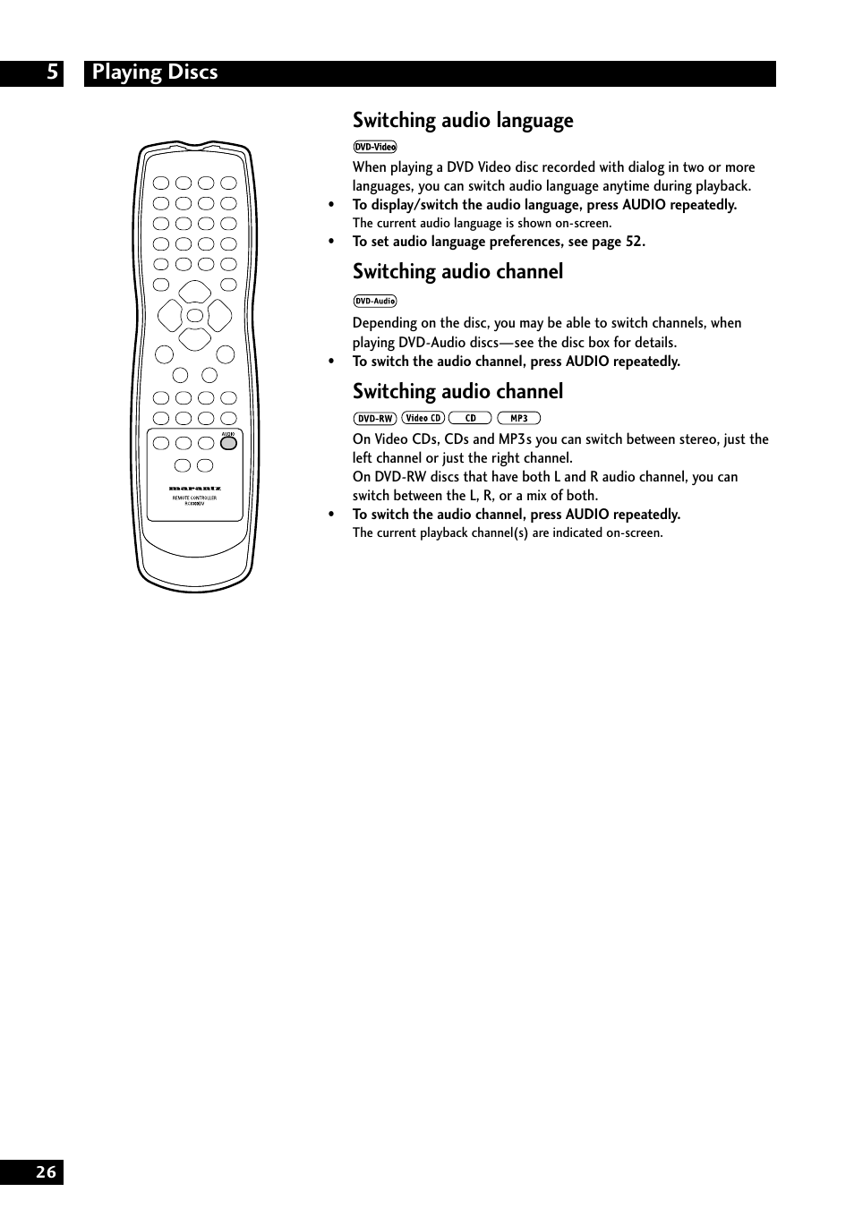 Playing discs 5, Switching audio language, Switching audio channel | Marantz DV8300 User Manual | Page 26 / 72