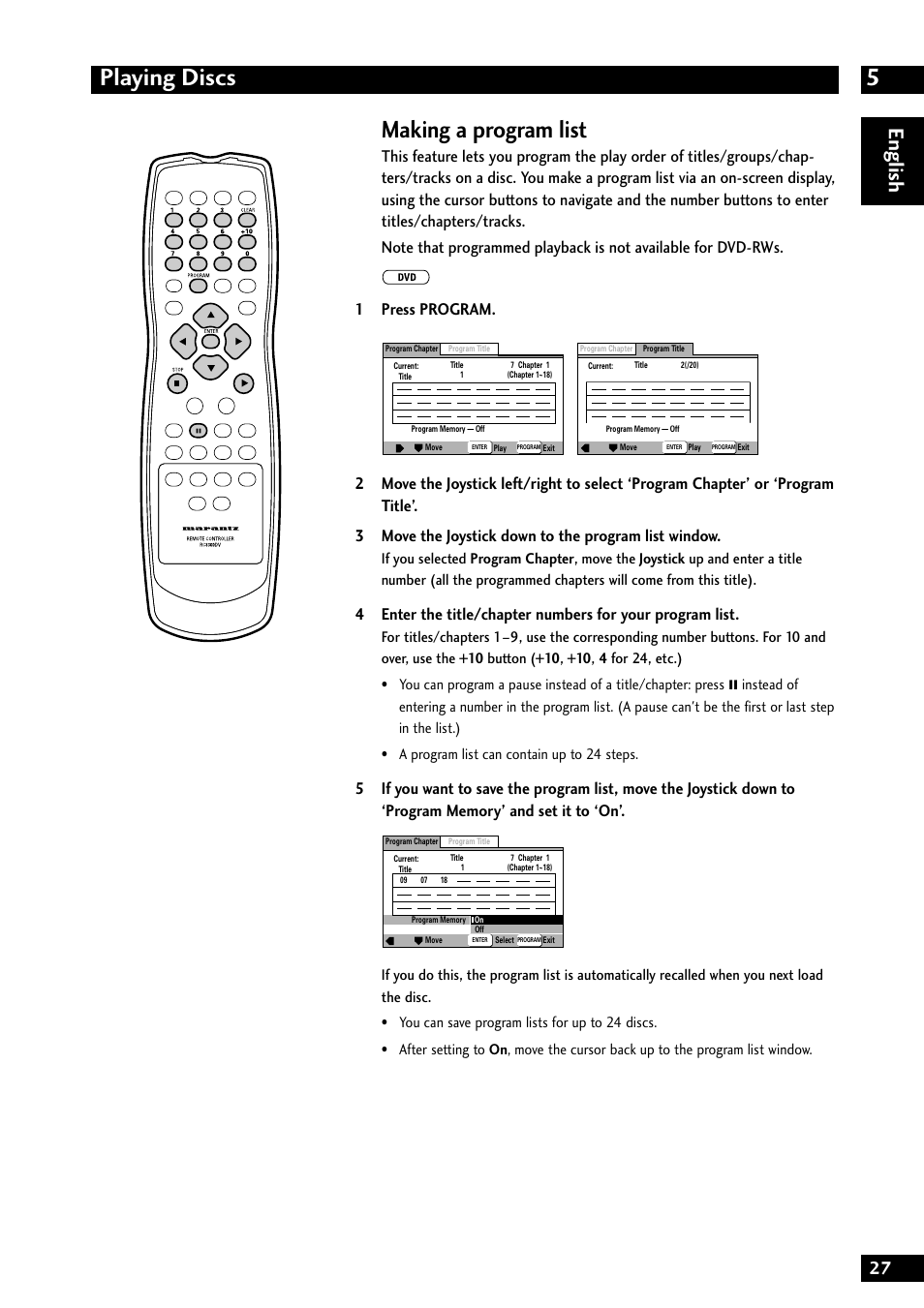 5playing discs, Making a program list, English | Marantz DV8300 User Manual | Page 27 / 72