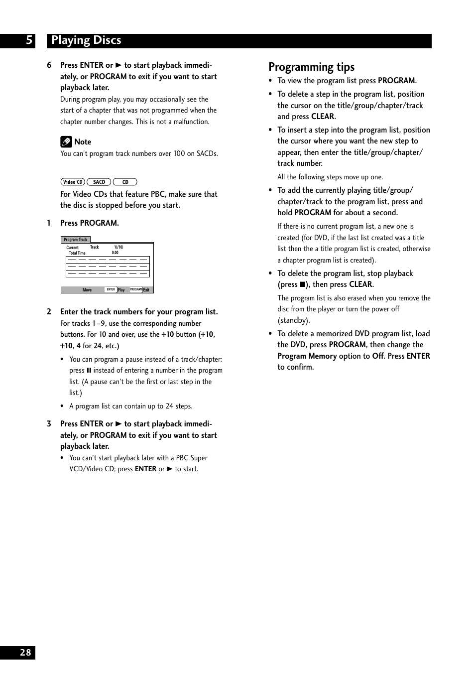 Playing discs 5, Programming tips | Marantz DV8300 User Manual | Page 28 / 72