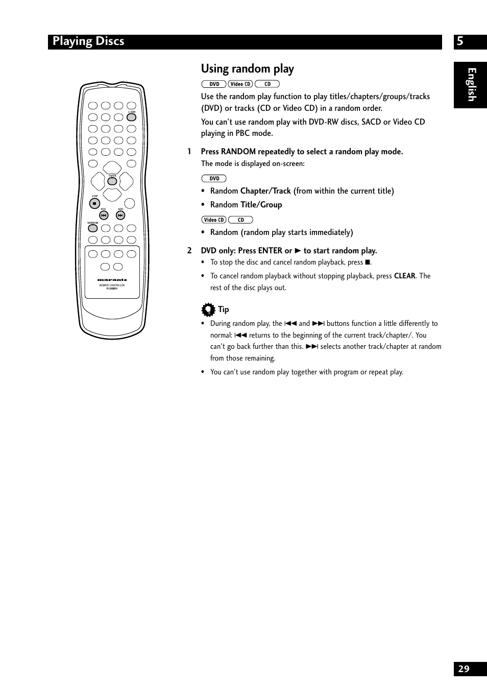 5playing discs, Using random play, English | Marantz DV8300 User Manual | Page 29 / 72