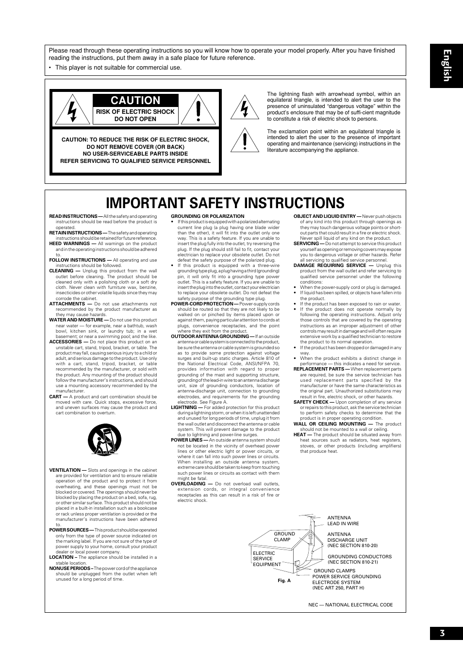 Important safety instructions, English, Caution | Marantz DV8300 User Manual | Page 3 / 72