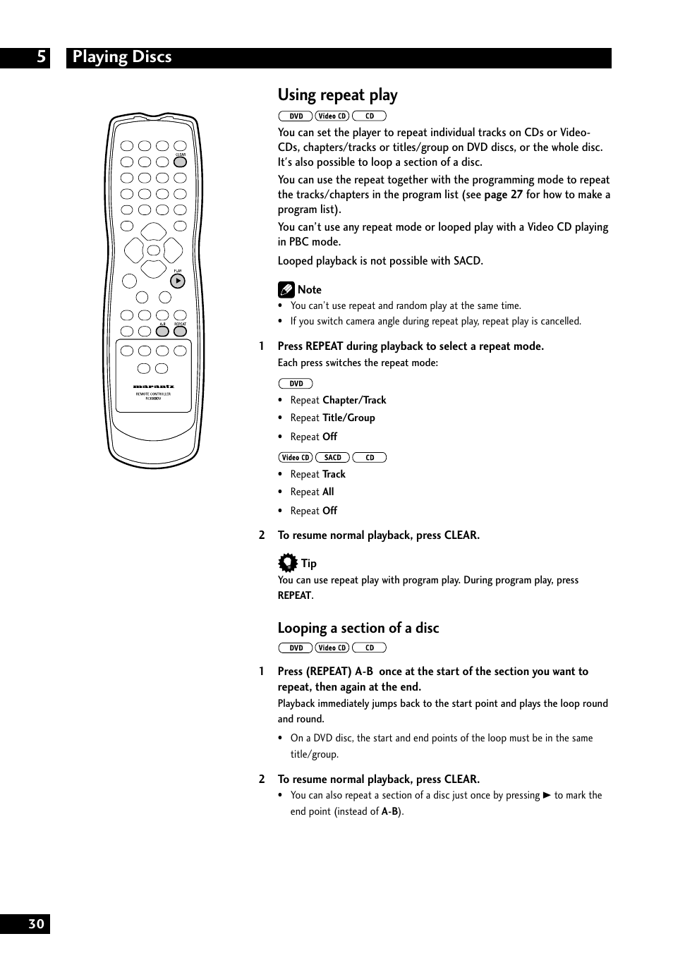 Playing discs 5, Using repeat play | Marantz DV8300 User Manual | Page 30 / 72