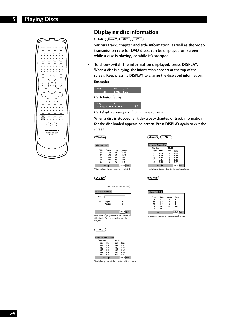 Playing discs 5, Displaying disc information, Dvd-audio display | Marantz DV8300 User Manual | Page 34 / 72