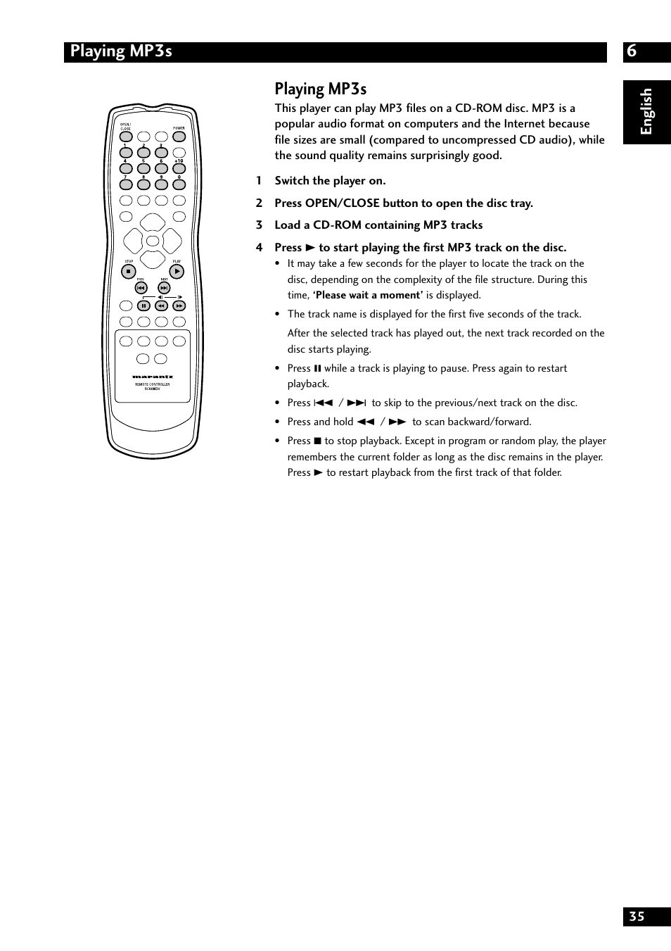 6playing mp3s, Playing mp3s, English | Marantz DV8300 User Manual | Page 35 / 72