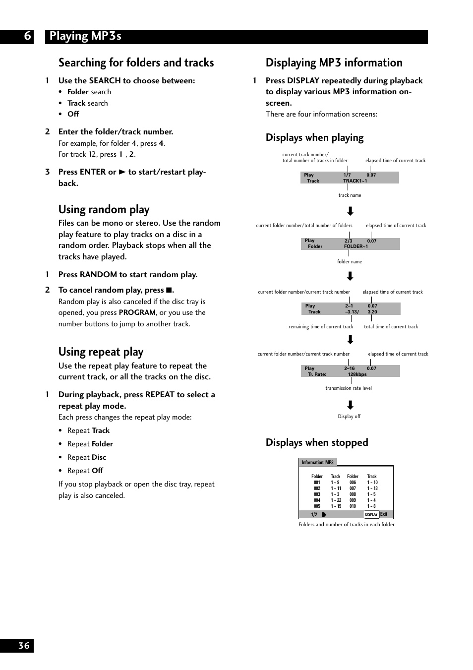 Playing mp3s 6, Searching for folders and tracks, Using random play | Using repeat play, Displaying mp3 information, Displays when playing displays when stopped | Marantz DV8300 User Manual | Page 36 / 72