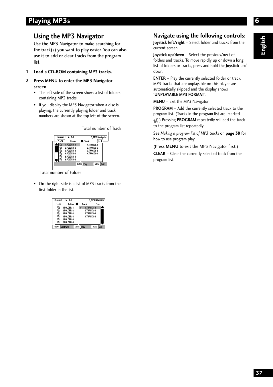 6playing mp3s, Using the mp3 navigator, English | Navigate using the following controls | Marantz DV8300 User Manual | Page 37 / 72