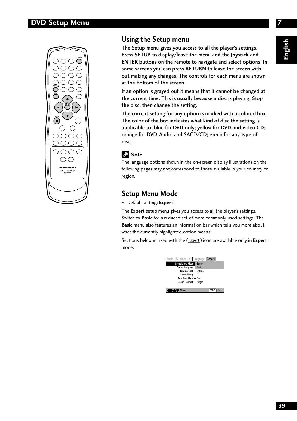 7dvd setup menu, Using the setup menu, Setup menu mode | English | Marantz DV8300 User Manual | Page 39 / 72