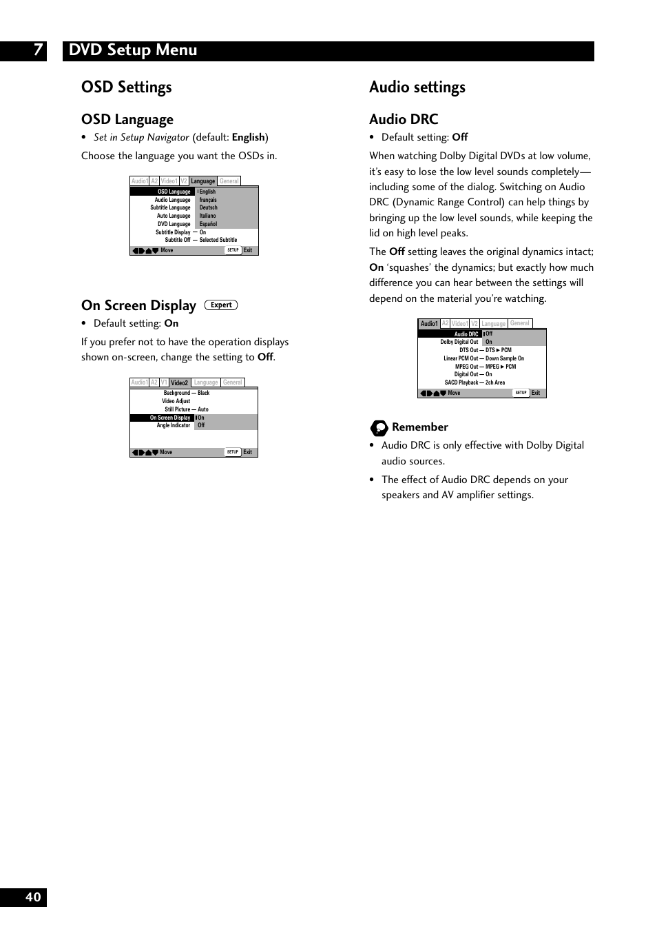 Dvd setup menu 7, Osd settings, Audio settings | Osd language, On screen display, Audio drc, Remember | Marantz DV8300 User Manual | Page 40 / 72